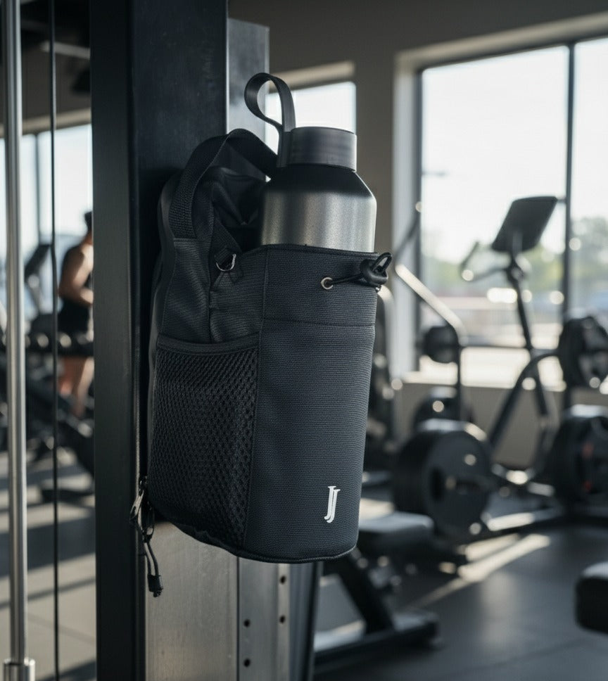 Magnetic gym bag sticking securely to metal surface in bright gym