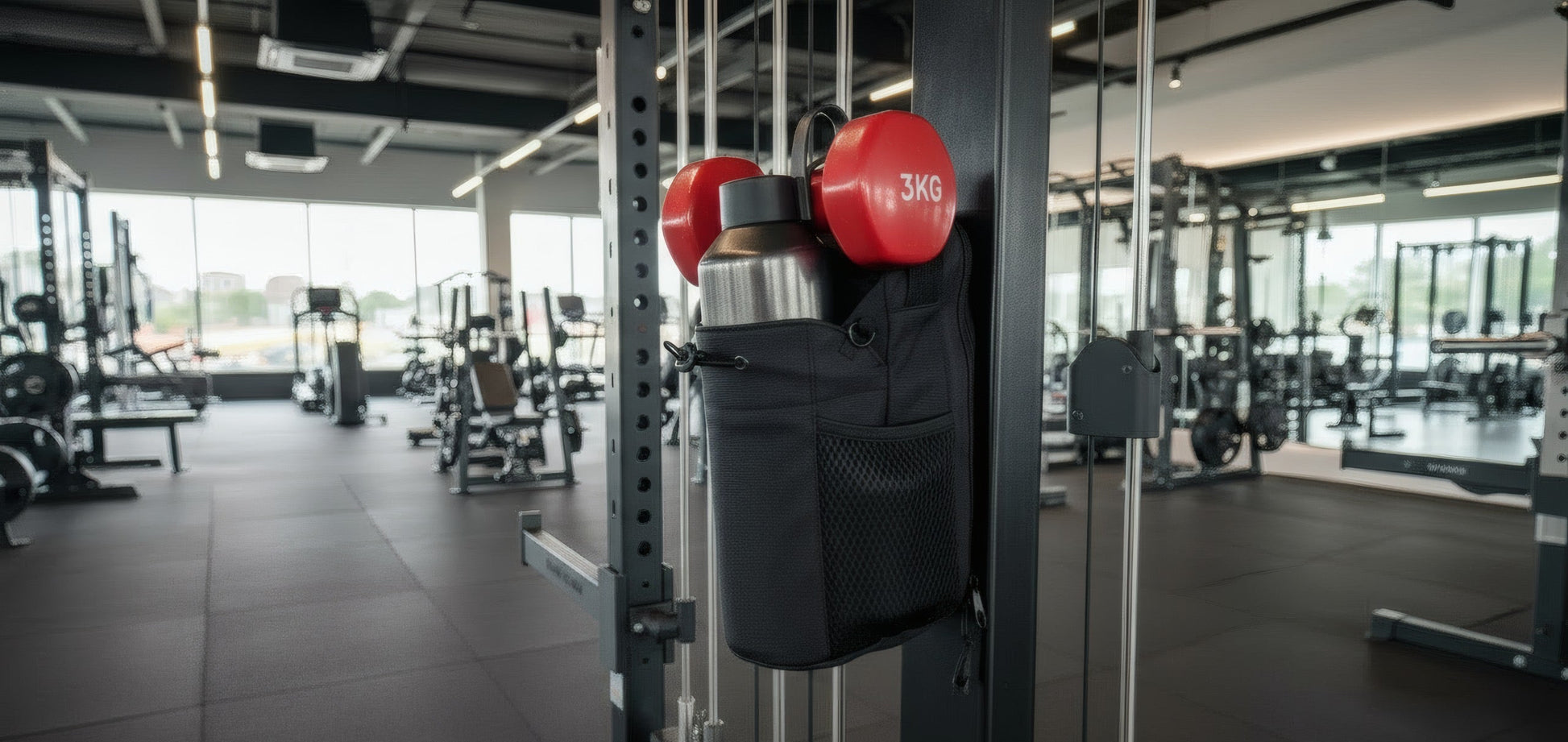 Magnetic gym bag holding bottle and a 3 kg dumbbells