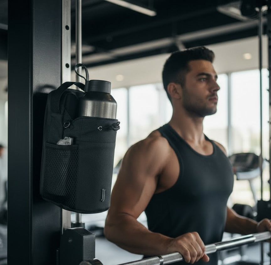 Bunjji magnetic gym bag attached to metal rack during workout