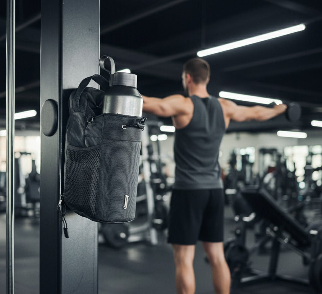 Stick-anywhere gym bag secured to squat rack while training